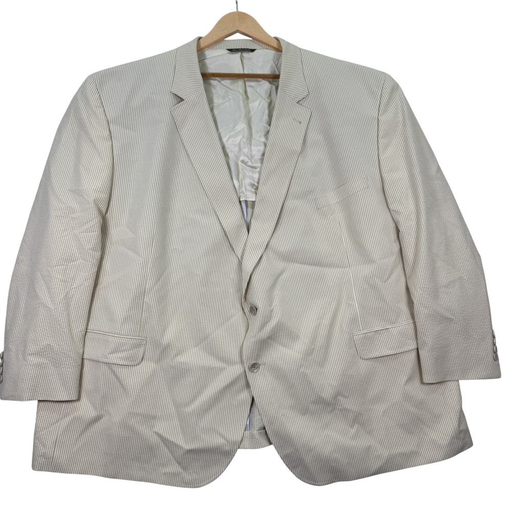 Jack Victor Mens 60R Seersucker Classic Fit Blazer Sport Coat Beige Stripe Linen
